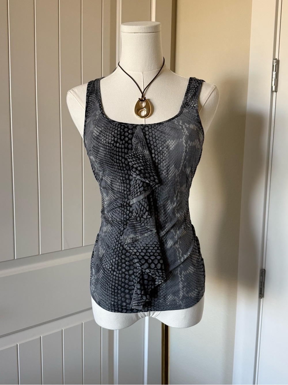 Express Sleeveless Gray Snake-Print Ruffle Front Tank Top